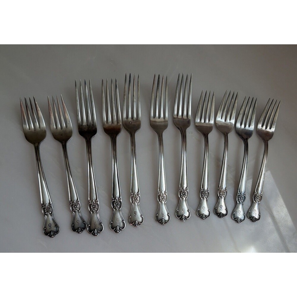 Vintage Old Company Signature Rose Silver Plate "S" Monogram Salad Dinner Forks
